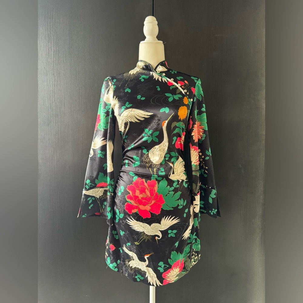 ZARA Black Floral Satin Jewel Button Cheongsam Long Bell sleeve Mini Dress S